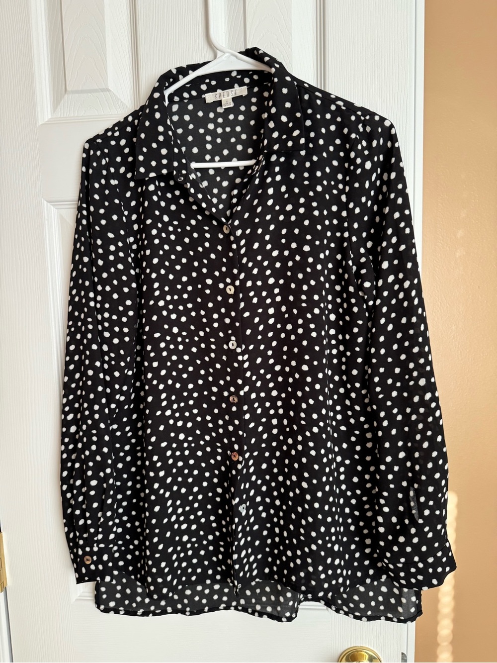 Spense Black Button-Front Blouse with White Polka Dots